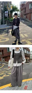 Urban street style women's loose gray wide-leg casual trousers in a natural outdoor scene
