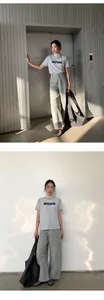 Casual Korean style grey short sleeve t-shirt with lace collar and matching wide leg pants set
