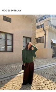 Modelo con pantalones anchos marrones casuales y suéter verde en una calle exterior