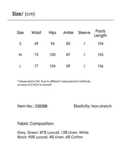Comprehensive size chart and material details for casual Lyocell linen wide-leg pants.