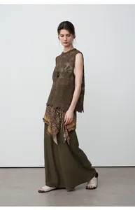 Elegant high-waisted olive green tencel linen wide-leg trousers for a casual summer look