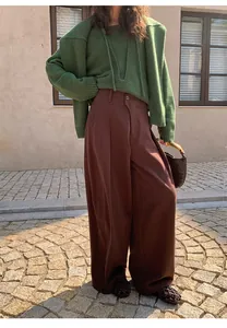 Casual brown wide-leg denim trousers for women, perfect for autumn and winter streetwear