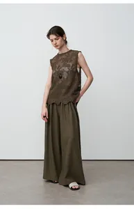 High-waisted elegant dark olive tencel linen wide-leg trousers for women with relaxed fit