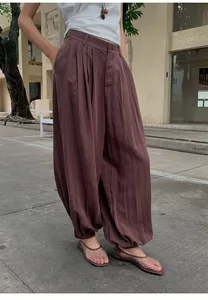 Womens casual brown Lyocell Tencel harem pants featuring a loose wide-leg design