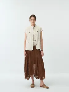 Elegant brown pleated midi skirt with irregular hem for women's seaside resort style