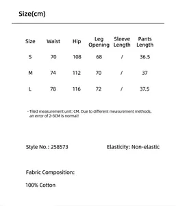 Size chart and fabric details for women's casual straight shorts including 100% cotton