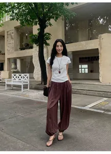 Women's brown Lyocell Tencel casual lantern wide-leg pants styled with a white tee