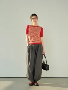 Retro plaid loose casual pants with elastic waist and gathered ankles for women in grey