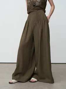 Elegant olive green high-waisted Tencel linen wide-leg trousers for women, relaxed fit