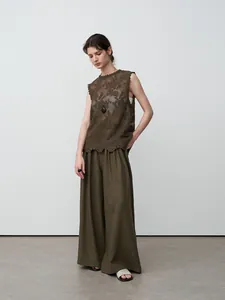 Olive green ancient dye Tencel linen relaxed wide-leg trousers for women