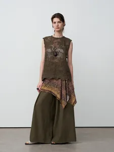 Casual loose tencel linen wide-leg pants with elegant drapey ink dye finish