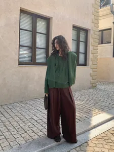 Stylish women's casual wide-leg floor-length trousers in dark brown for autumn winter
