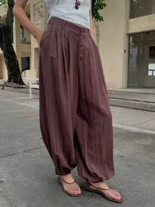 Casual women's lyocell tencel wide-leg lantern trousers in elegant dark plum color.