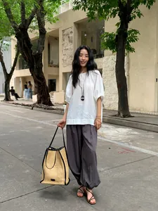 Women's casual lyocell tencel wide-leg lantern pants in dark grey color