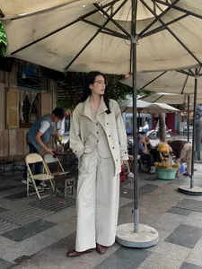 Elegant minimalist beige high-waisted wide-leg cotton trousers for women style
