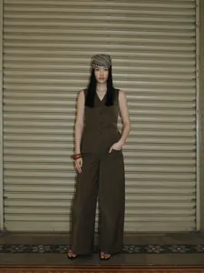 Elegant high-waist cotton blend wide-leg trousers in brown minimalist style