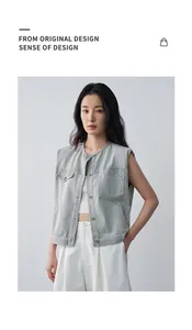 Gilet di jeans grigio casual con scollo rotondo top senza maniche da donna a strati