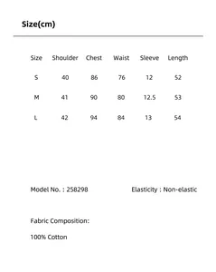 Size chart and fabric details for slim fit pleated short sleeve women's cotton T-shirt