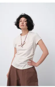 Slim-fit beige crew neck T-shirt for women featuring a casual pleated waist design