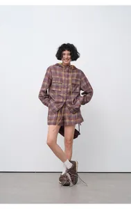 Women's lightweight purple plaid hooded shirt jacket set with breathable tencel fabric