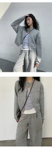 Detailed view of women's casual grey knit zip-up cardigan and wide-leg trousers set
