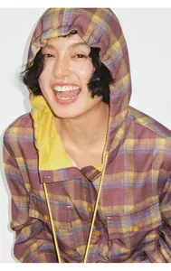 Close-up of lightweight plaid hooded sun protection shirt for women in Tencel blend