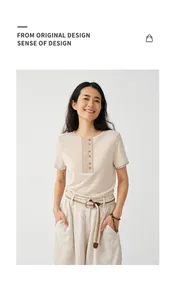 Close-up of women's beige Tencel linen blend knit short sleeve summer T-shirt