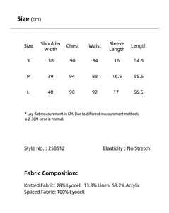 Size chart and fabric details for Lyocell linen blend knit short sleeve T-shirt women's top