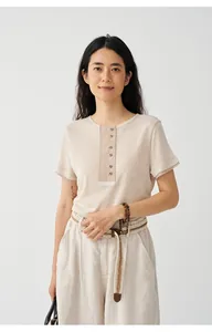 Women's Tencel linen blend knit T-shirt with Henley neck and short sleeves.