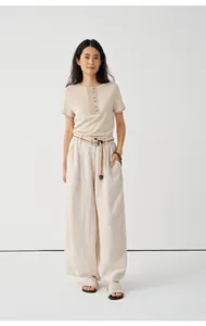 Casual beige tencel linen blend knit short sleeve top and wide-leg pants set for women