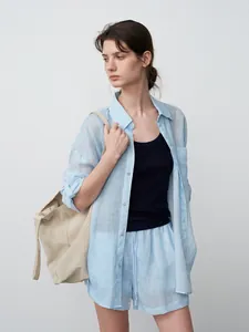 Loose casual light blue tencel ramie breathable shirt and shorts set for women