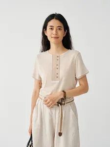 Women's Tencel Linen Blend Knit T-Shirt Korean Style Short Sleeve Henley Neck Top Solid Color Striped Summer Casual Tee