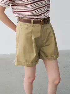 Stylish summer pleated mid-waist cuffed straight-leg casual khaki shorts for women