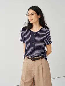Chic navy striped tencel linen knit t-shirt for women featuring a Henley neck design