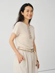 Minimalist elegant tencel linen blend knit short sleeve T-shirt for women in cream color