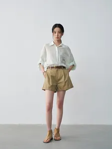 Women's casual pleated high-waisted cuffed shorts in khaki for stylish summer wear