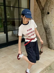 Pantalones cortos casuales azul marino de línea A para mujer con dobladillo