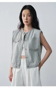 Gilet di jeans girocollo verde grigio per sovrapposizione, top senza maniche.