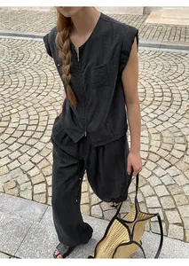 Gilet sans manches à col rond décontracté avec double fermeture éclair et pantalon