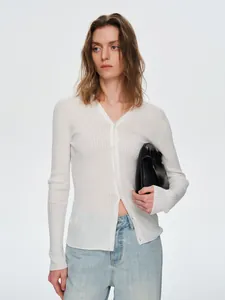Dames V-hals Ribgebreid Vest Slim Fit Lange Mouwen Katoen Gebreide Top Voor Lente Casual Dagelijks