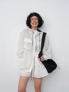 Women Casual Hooded Tencel Ramie Shirt Jacket Lightweight Breathable Sun Protection Plaid Solid Loose Top Apparel