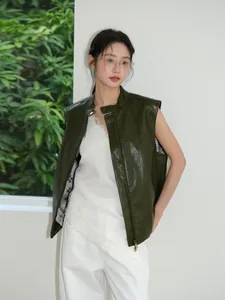 Damen Kunstleder Weste Stehkragen Reißverschluss Ärmellose Weste Old Money Style Frühling Oberbekleidung Jacke