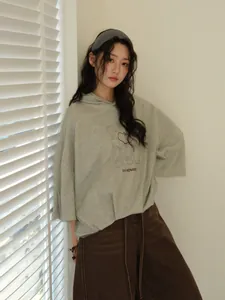 Women's Korean Style Oversized Hooded Sweatshirt Cotton Splicing Apple Print Long Sleeve Top For Casual Daily Wear Spring Autumn