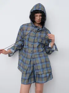 Women's plaid hooded sun protection shirt jacket in breathable Tencel Ramie fabric