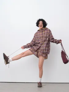Womens breathable plaid hooded shirt and shorts set in a relaxed casual outdoor style