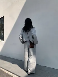 Modern minimalist grey two-piece casual cropped sweatshirt and wide-leg lounge pants set