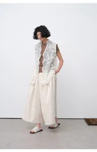 Detailed full-body view of Korean style slim brown T-shirt with white lace vest top