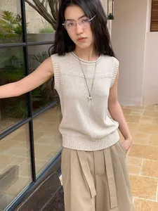 Elegant linen blend sleeveless knit vest in oatmeal color for minimalist spring fashion