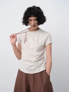 Women Korean Style Cotton T-Shirt Ruched Waist Design Slim Fit Short Sleeve Summer Top With Necklace Accessory