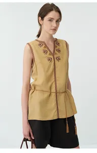 Gilet in lino ricamato vintage con scollo a V per donna top estivo boho giallo senape